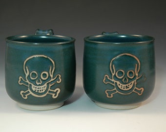 Hand Thrown Mug, Pottery Skull Mug, Turquoise Jolly Roger, Stoneware Coffee Cup, Handmade Pirate Mug, Gift Under 30, Hostess Gift, Unique