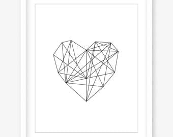 Heart print - printable poster - modern art - geometric printable art - valentines printable - black and white print - INSTANT DOWNLOAD