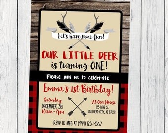 Deer Flannel Any Age: Personalized birthday invitation- ***Digital File*** (Deer-FlannelRed)