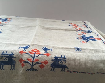 Antique embroidered table cloth Swedish vintage table cloth Shabby Square table cloth White orange blue table cloth