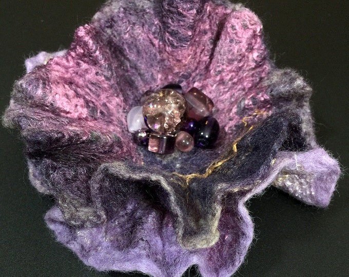 Merino Wool Silk Brooch Purple Large Beaded Jewelry Evening Wedding Fashion Wearable Art Best Friend Gift Scarf Flower Pin Anniversary Gift