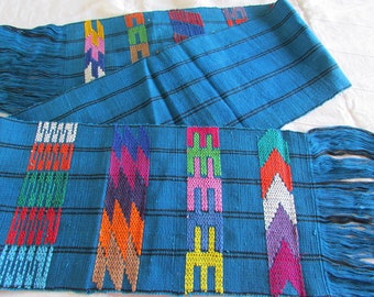 Vintage Guatemalan Woven Table Runner - Hand Woven Textile - Bright Blue - Geometric Design - Nohemi - Fringed Edges