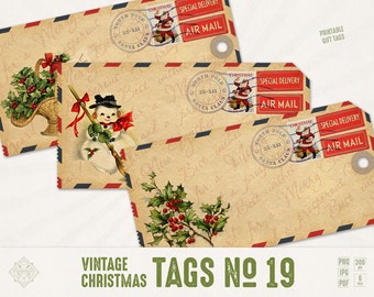 Airmail Tags - Christmas Air Mail Tags, Digital, Vintage, Printable Tags, Hang Tags, Holiday Tags, Retro, Gift, Label, Christmas Tags