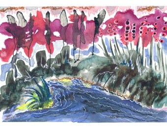 Paysage au ciel rouge, Red Sky Landscape, Original Print, Art Print
