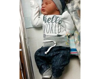 Baby boy coming home outfit -distressed navy and gray theme - going home set hello world, baby shower gift, coming home outfit new baby