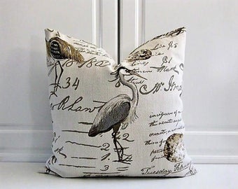 Decorative Pillow Cover-Coastal Birds with Script Writing-Oyster Bay-18x18-20x20-22x22