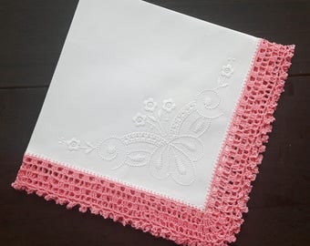 White cotton handkerchief with crocheted border