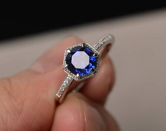 Round Cut Sapphire Ring Blue Gemstone Ring Silver Engagement Ring Promise Ring