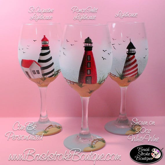 Hand Painted Wine Glass Lighthouse Personalized and Custom