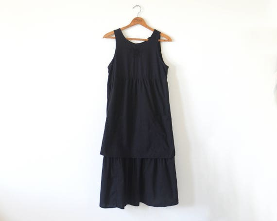 70s black layered dress / vintage black apron dress