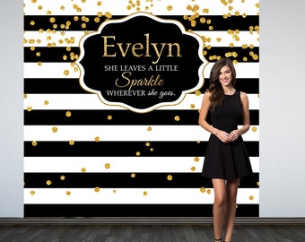 Bridal Shower Personalized Photo Backdrop -Black and White Stripes Photo Backdrop- Birthday Photo Backdrop - Custom Photo Booth Backdrop