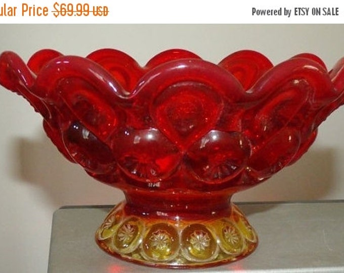 Storewide 25% Off SALE Wonderful Vintage Deep Red Ruby Glass Designer Pedestal Bowl Compote Featuring Lovely Moon & Star Amberina Design