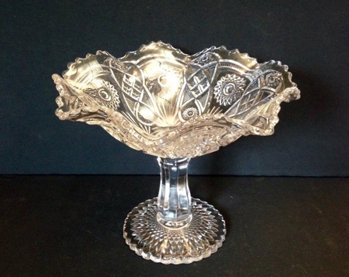 Storewide 25% Off SALE Large Vintage Crystal Pedestal Compote Featuring Elegant Cut Glass Style Design With Floral Ruffle Patterns