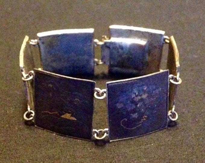 Storewide 25% Off SALE Very Old Antique Japanese Style Black Square Segmented Panel Bracelet Featuring Beautiful Inscribed Oriental Inlay De