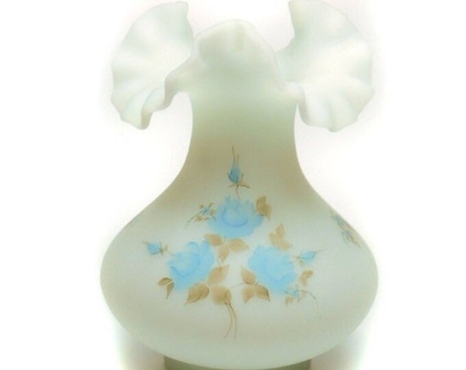 Storewide 25% Off SALE Vintage Hand Painted Pale Blue Rose Designed Satin Custard Floral Vase Featuring Elegant Ruffled Design Finish