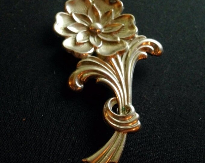 Storewide 25% Off SALE Vintage Silver Tone Single Stem Designer Floral Brooch Featuring Raised Textured Design With Embellished Detail