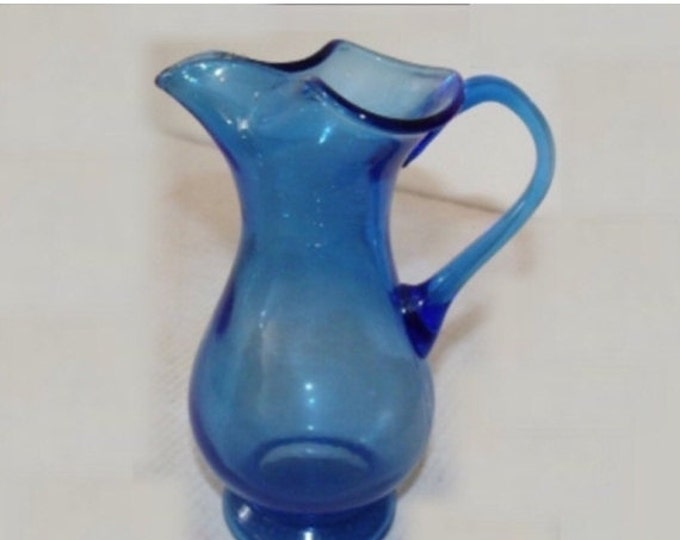 Storewide 25% Off SALE Vintage Cobalt Blue Blenko Inspired Crackle Hand Blown Glass Glass Pitcher Featuring Trumpet Style Spout