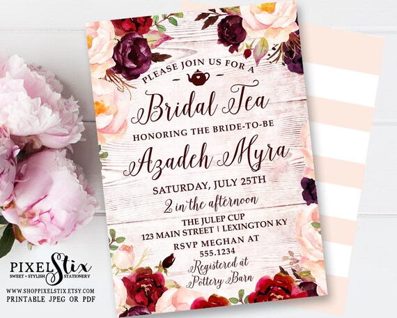Bohemian Floral Bridal Tea Invitation, Weathered Wood Bridal Shower Invite, Vintage Rustic Wedding, Autumn Brunch, Marsala Peach Burgundy
