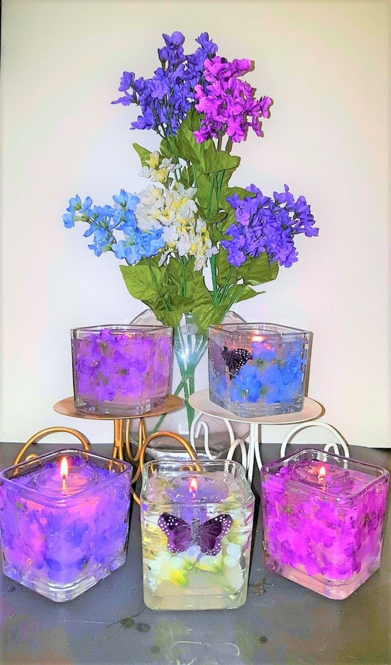 Reusable Gel Wax Candles with lilacs and butterfly embeds in