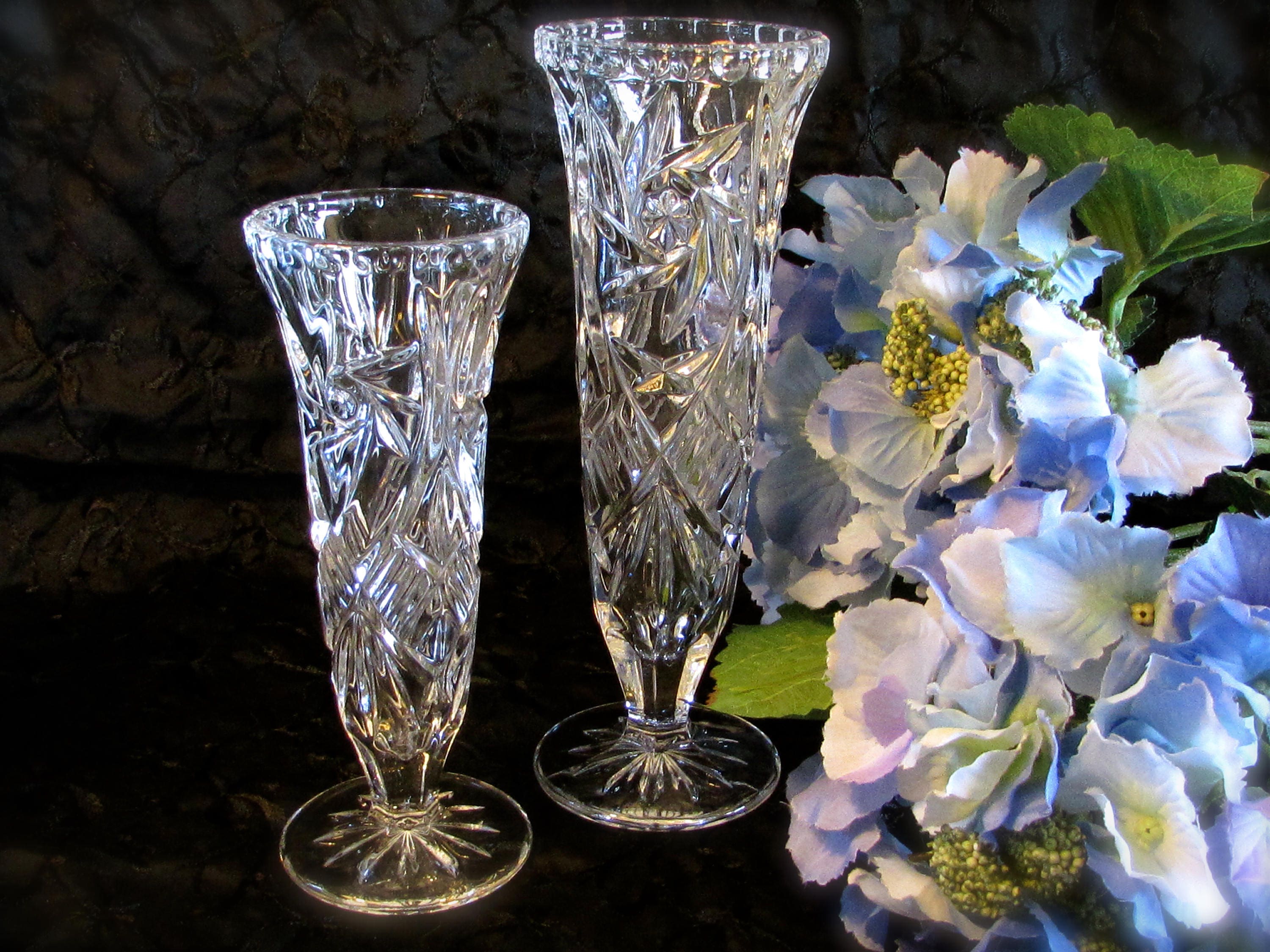 Two Heavy Crystal Bud Vases Star and Swirl Design Footed