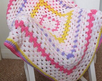 Handmade Crochet Baby Blanket,79 x 79cm/31 x 31 inches in shades of Pink, Yellow, lilac and White fleck, Stroller/Pram Blanket, Baby Girl