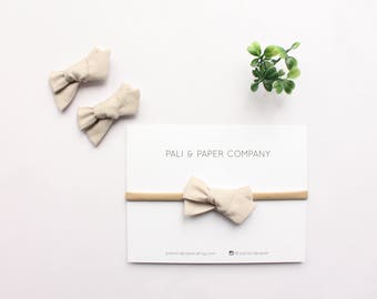 The "Natural" Tiny Bow / Single Fabric Hair Bow / Handmade Pigtail Bows on Alligator Clips or Stretchy Nylon Headband / Solid Beige Nude Bow