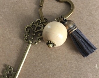 Antique Brass Key and Tassel Keychain