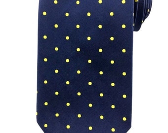 Navy Blue with Yellow Polka Dots Tie 8.5 cm Necktie. Party Tie. Casual Tie. Handmade Tie. Blue with polka dots tie. Blue Tie
