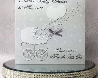 Luxury Handmade Personalised Baby Shower Card - Pram with Flowers - Featuring genuine Swarovski Crystals - FREE UK DELIVERY!