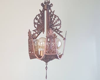 Antique 5 bulbs pendant lighting with long chain - brass color
