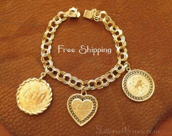 14K Gold Triple Link Charm Bracelet - Signed B.A. Ballou, 3 Engraved Charms: Claudia, 1973 / Leo, Ni10 - Shipping Included!