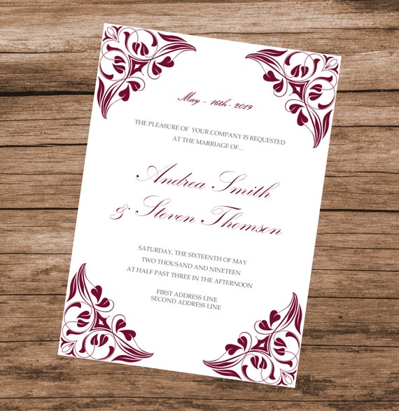 Burgundy Invitation Template Printable Wedding Invite
