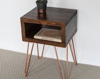 Ella Bedside Table | Side Table | Small Table | Dark Oak | Reclaimed Wood | Copper Hairpin | Industrial Nightstands