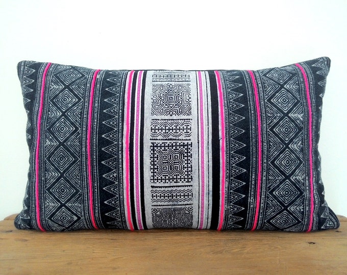 12" x 20" Indigo Hmong Handmade Batik Pillow Cover, Boho Hill Tribe Batik Cotton Lumbar Pillow Cover, Ethnic Textile Decor Pillow