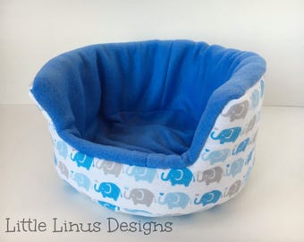 Cozy Cuddle Cup Bed - Elephants in Line / Blue - Fleece & Flannel - 8" for Hedgehog / Guinea Pig / Rat / Small Animal / Pet