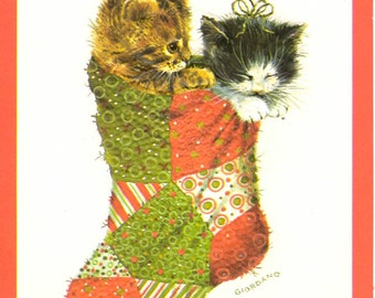 Vintage Kitten Stocking Christmas Card Unused Giordano Greeting With Envelope Norcross Cat Patchwork