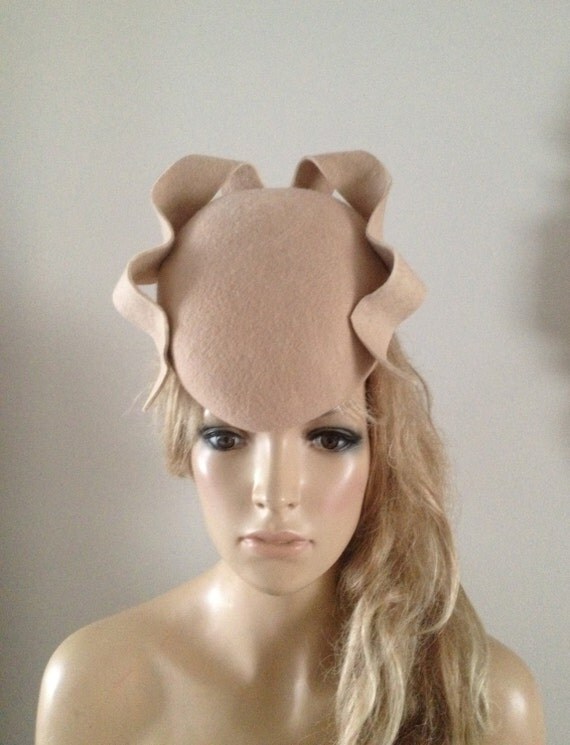 Nude Beige Wool Felt Perching Beret Hat Embellished With A