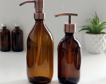 Amber Glass Bottle Soap Dispenser (300ml - 500ml) with Stainless Steel Pump in a choice of finishes