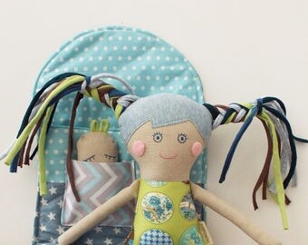 Mom and Baby,Doll for Play, Rag Doll with Bed,Handmade Stuffed Doll, Girl Shower Gift,Doll and baby in Bag,Soft Doll,Retro Doll for Girl