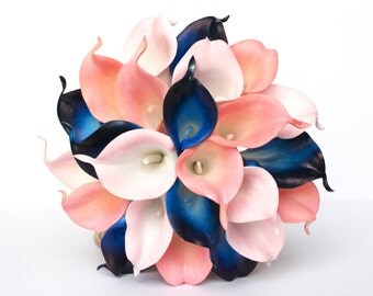 Navy Blue Wedding Bouquet - Coral Calla Lily Wedding Bouquet , Coral, Blush pink and Navy Real to touch calla Lily , Coral Bridal Bouquet