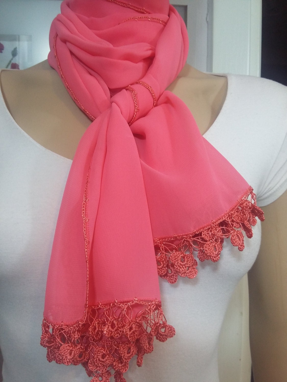 Pink Silk Scarf Hot Pink Crochet Scarves Silk Chiffon