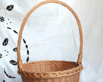 Shallow Wicker Basket, High Handle Basket, Flower Girl Basket, Round Wedding Basket, Easter Basket,Handwoven Willow Basket, Egg Basket
