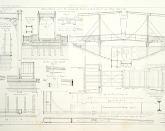 Drawbridge construction 1885 civil engineering print - Technical drawing, bridge - 132 years old victorian lithograph illustration (C427)
