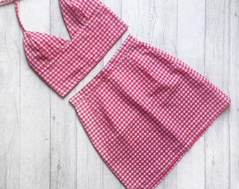 Handmade gingham bralet and high waisted skirt two piece / co ord , uk sizes 4-18. Made to order. Available in a variety of colours!