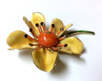 Delightful Vintage Signed ORIGINAL by ROBERT Enamel Flower BroochYellow Orange
