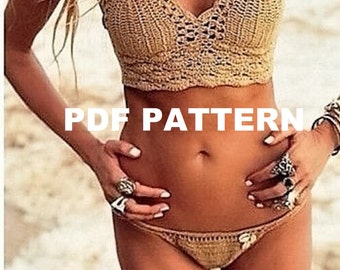 Crochet Bronze Brazilian Bikini Pattern, Halter Bikini Pattern, Bikini Bottoms, Bikinis swimwear Boho Gypsy Festival- Digital Download
