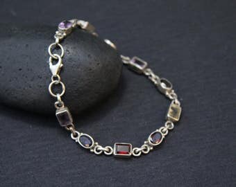 Sterling Gemstone Bracelet, Semiprecious Gemstone Jewelry, Sterling Silver Gemstone Link, Silver Garnet Bracelet