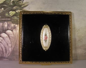 1950s, EVANS Compact, Guilloche Compact, Black Enamel Compact, Powder Compact, Mirror Compact, Vanity Compact, Vintage Compact – Collectible