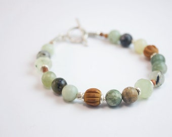 Earthy Chrysoprase + Carved Sandalwood Beaded Bracelet with Thai Hilltribe Silver