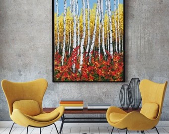 Aspen Painting, Palette knife Birch Tree, Acrylic Impasto, Abstract Landscape, Colorado Forest Painting, Contemporary, Modern wall art.